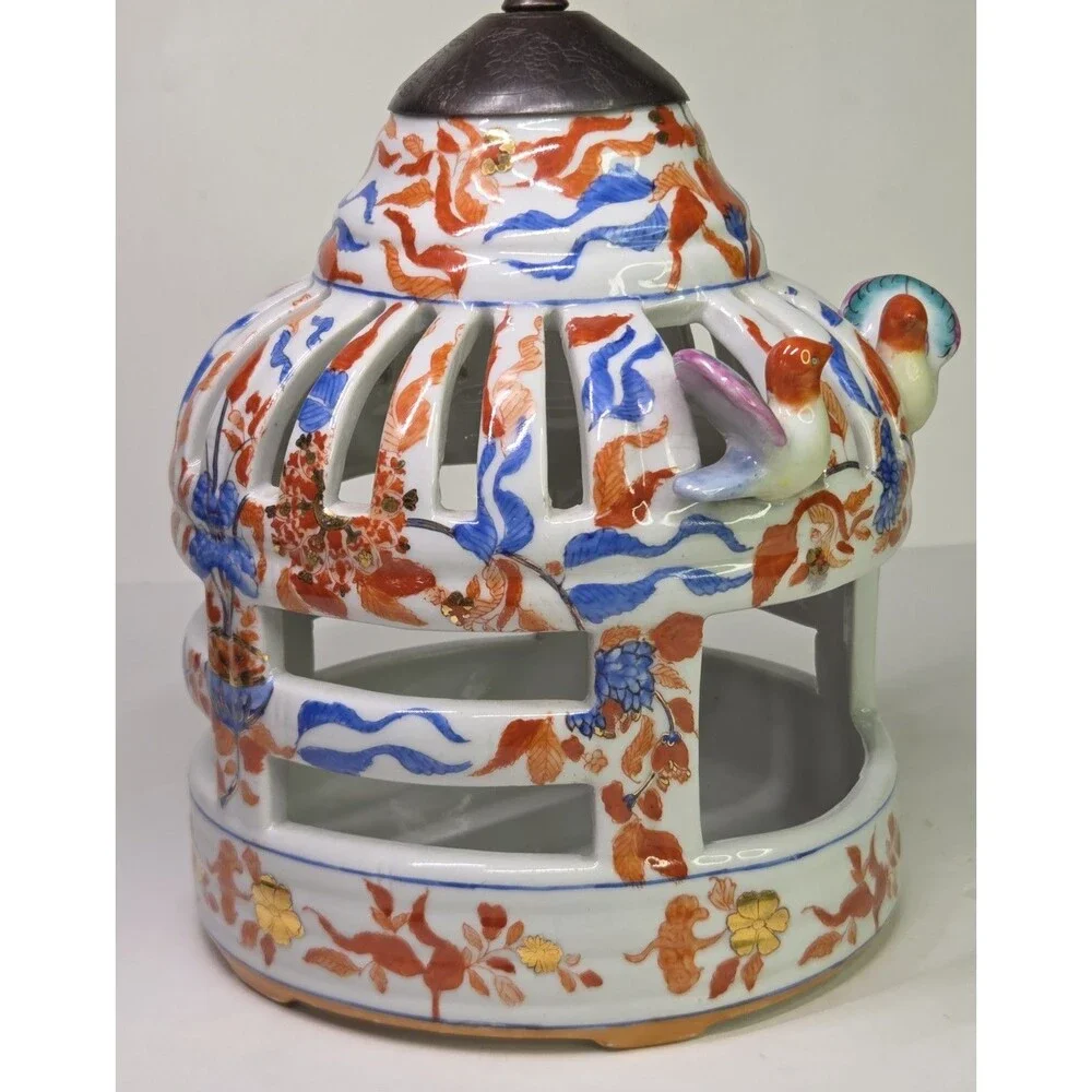 Vintage Chinoiserie Ceramic Bird Cage Candle Holder Lantern Hanger Gold Imari